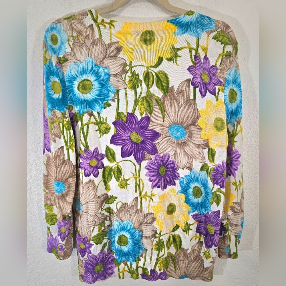 Talbots Vibrant Floral Button Front Cardigan Sweater Fairycore Whimsical, Large - Picture 3 of 6